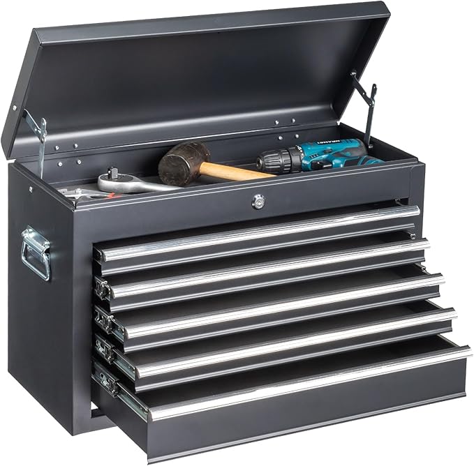 Winado 24" Portable Tool Box, 5 Drawers & Top Storage Tray Tool Box with Drawers, Lockable Metal Tool Chest Cabinet for Garage, Warehouse, Repair Shop & Home