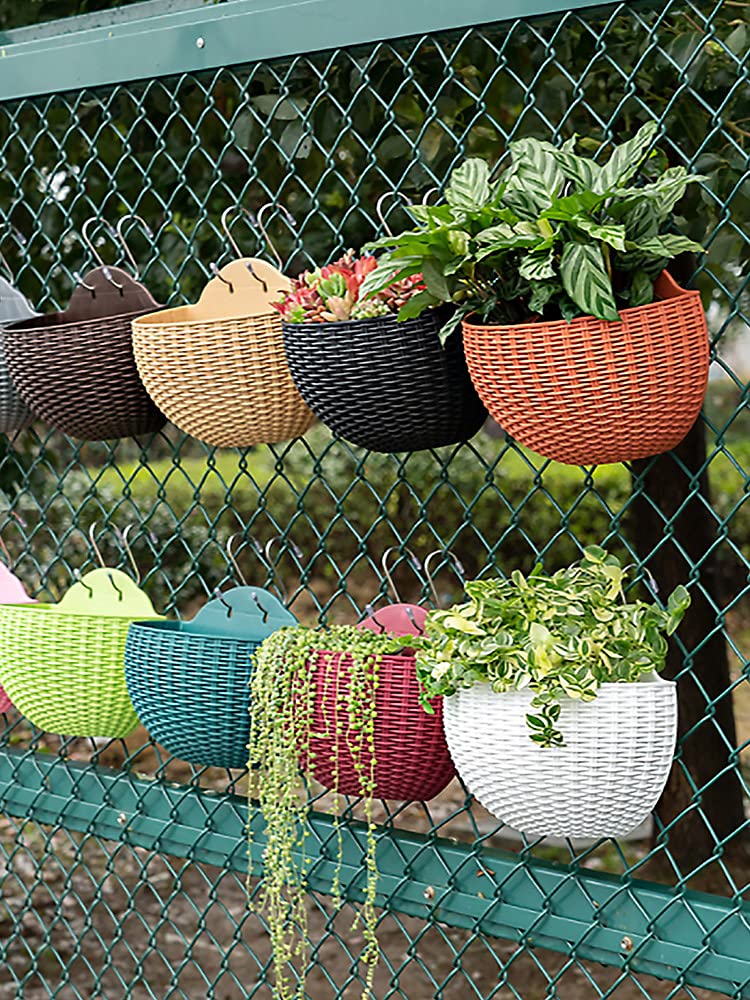 Hanging Planter Pot, Wall and Railing Hanging Planters with S Hooks, Half Round Imitation Rattan European Style Wall Flowerpot Rustic Decorative Flower Basket for Home Balcony(#21 * 16.5cm Brick red)