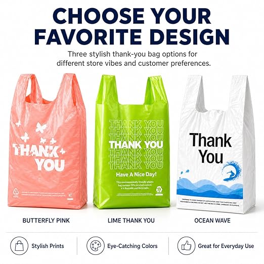 Green Thank you bags, 200PCS T shirt bags, To Go Bags,Grocery bags, Reusable and Disposable,Perfect for Small Business,Take Out,Retail, Large