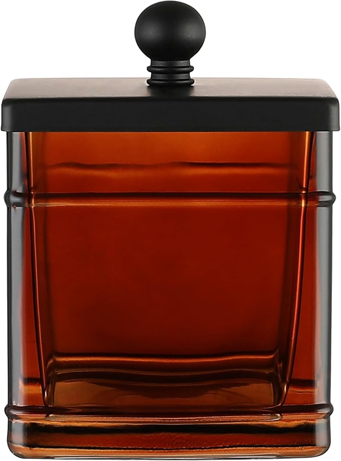 Amber Glass Cotton Jar Holder â Black Lid Elegant Bathroom Storage Canister for Qtips, Cotton Balls, Floss, Makeup Organizer, Vanity & Bathroom Organization