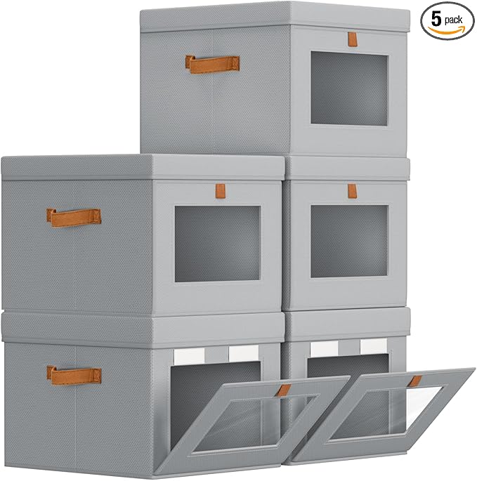 Storage Bins with Lid â Closet Organizer with Side Opening and Clear Window, Foldable Stackable Fabric Basket for Clothes, Home, Office - 13.77" x 11.8" x 9.8", 5 Pack, Grey