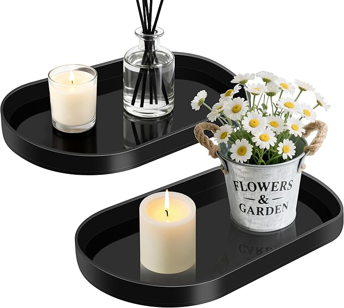 Acrylic Vanity Serving Trayâ14"x8.5" Decorative Capsule Shape Tray for Bathroom, Dresser, Coffee Table â Sleek Minimalist Lucite Tray for Perfume, Jewelry, Makeup Organizer (2Pack, Glossy Black)