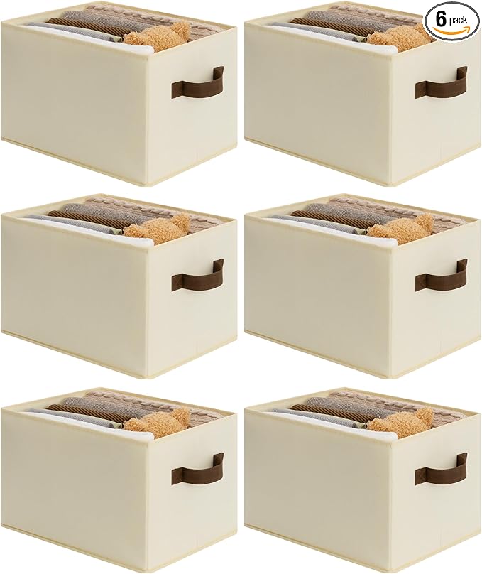 Cupic Cupid Storage Bins Closet, Fabric Closet Organizers and Storage, 6-Pack Baskets for Organizing, Large Storage Boxes with Handles for Clothes and Toys, Beige