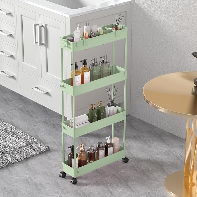 SPACELEAD Slim Storage Cart 4 Tier,Bathroom Organizer Rolling Utility,Mobile Shelving Unit Slide Out for Office, Kitchen, Laundry Room & Narrow Placesï¼Green