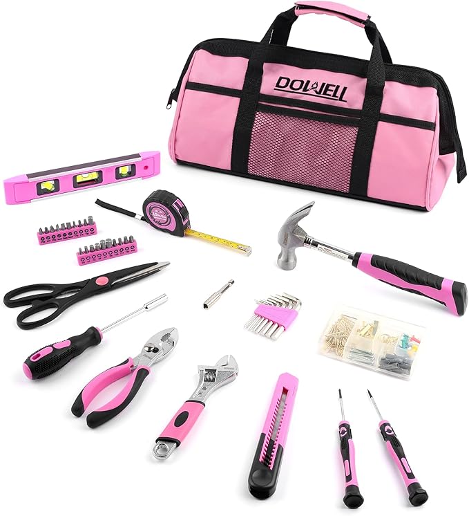 DOWELL Pink Tool Kit 140PCS for Women, Girls, Ladies, Household Tool Set with 14â Tool Bag