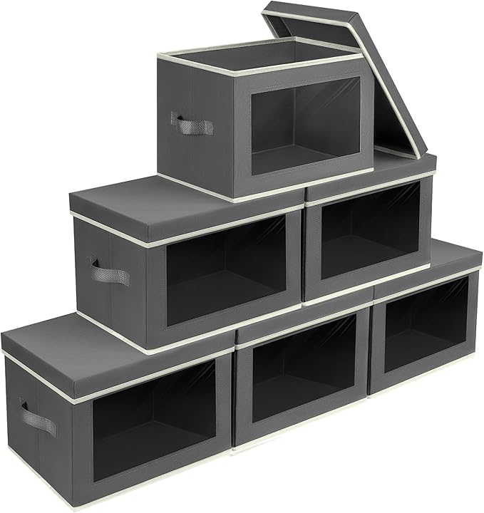 Stackable Storage Bins with Lids - Large Storage Box with Lids, Foldable Closet Boxes for Organizing, Wardrobe Clothes Organizer with Window, Cubes Bins for Living Room, 6 Pack, Dark Grey