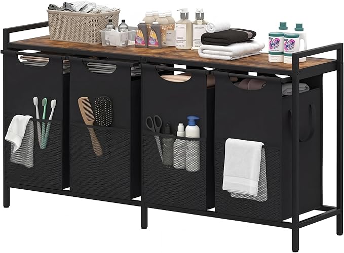 Heybly Laundry Hampers, 4 Ã 15Gal (228 L) Laundry Basket with Large Desktop Sorter for Laundry Room organization, Bathroom and Dorm Laundry Bags on Storage Shelf, Rustic Brown HLH004SR
