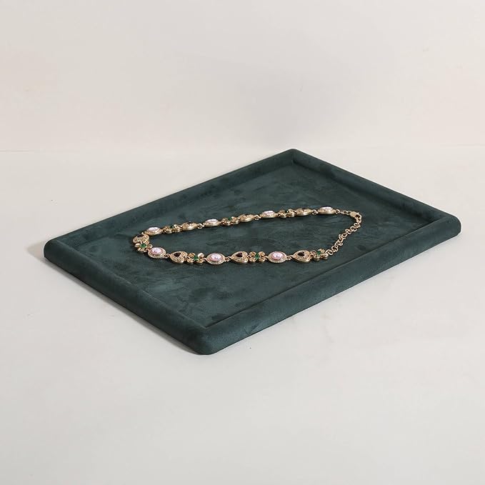Rectangle Jewelry storage organizer plate, Velvet Jewerly display tray, Empty showcase tray for Necklace Bracelet Ring EarringãGreen-Medium, 11.8 x 8.7 in ã