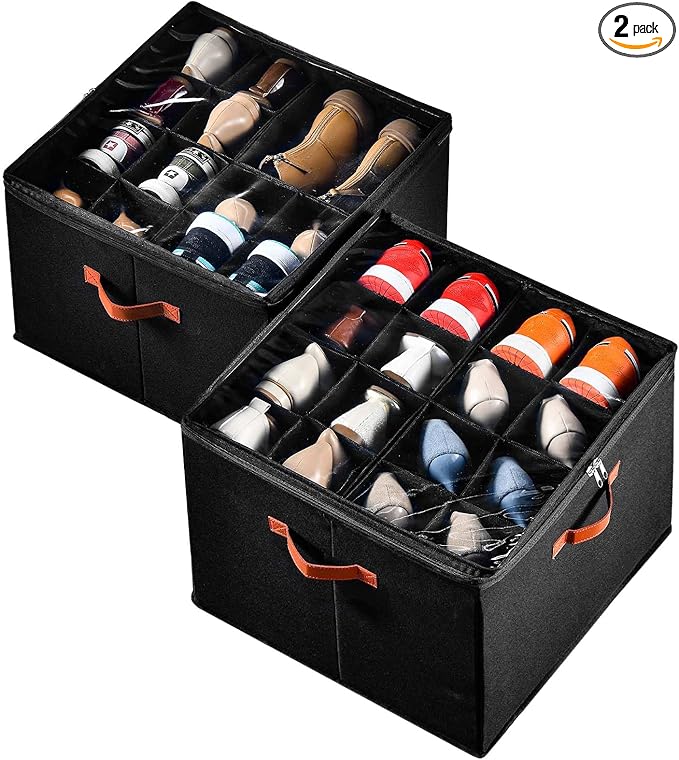 2 Pack Shoe Organizer for Closet, Fits up to 32 Pairs, Adjustable Dividers for Shoe Storage, Space-Saving Shoe Bins and Clear Top, Black