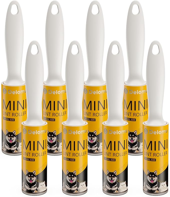 DELOMO Mini Lint Rollers Travel Size 8 Pack (240 Sheets Total) â Extra Sticky Lint Roller for Pet Hair, Clothes, Furniture & Car â Compact Portable Design for On-The-Go Quick Cleanups