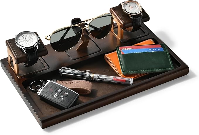 Shanik Wooden Nightstand Organizer â Everyday Carry Docking Station with Watch Holder & Glasses Tray, Personalized Gift for Men or Women