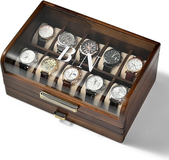 Shanik Wooden Watch Box with Drawer & Glass Lid â Acacia Wood Valet Tray Organizer for Men, Minimalist Nightstand Storage, Engraved Daily Watch Display Case, Personalized Gift for Him, Fatherâs Day