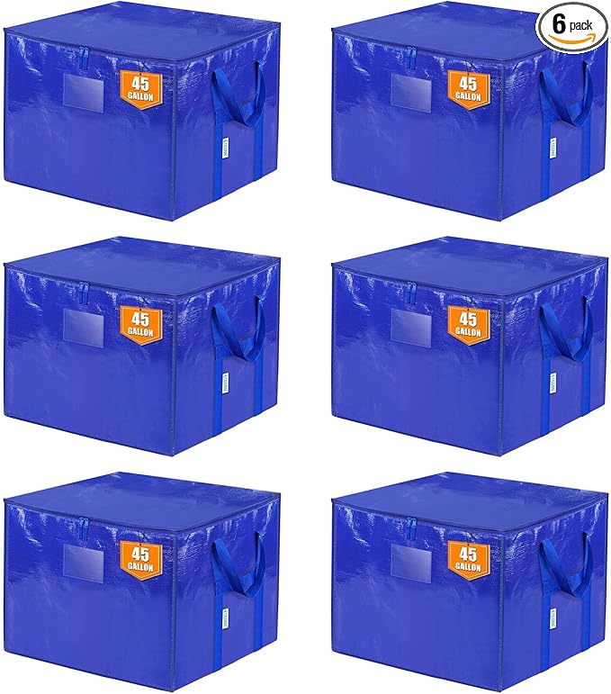 TICONN 6 Pack Extra Large Moving Bags with Zippers & Carrying Handles, Heavy-Duty Storage Tote Moving Boxes for Space Saving (6 PK, 45 Gallon)