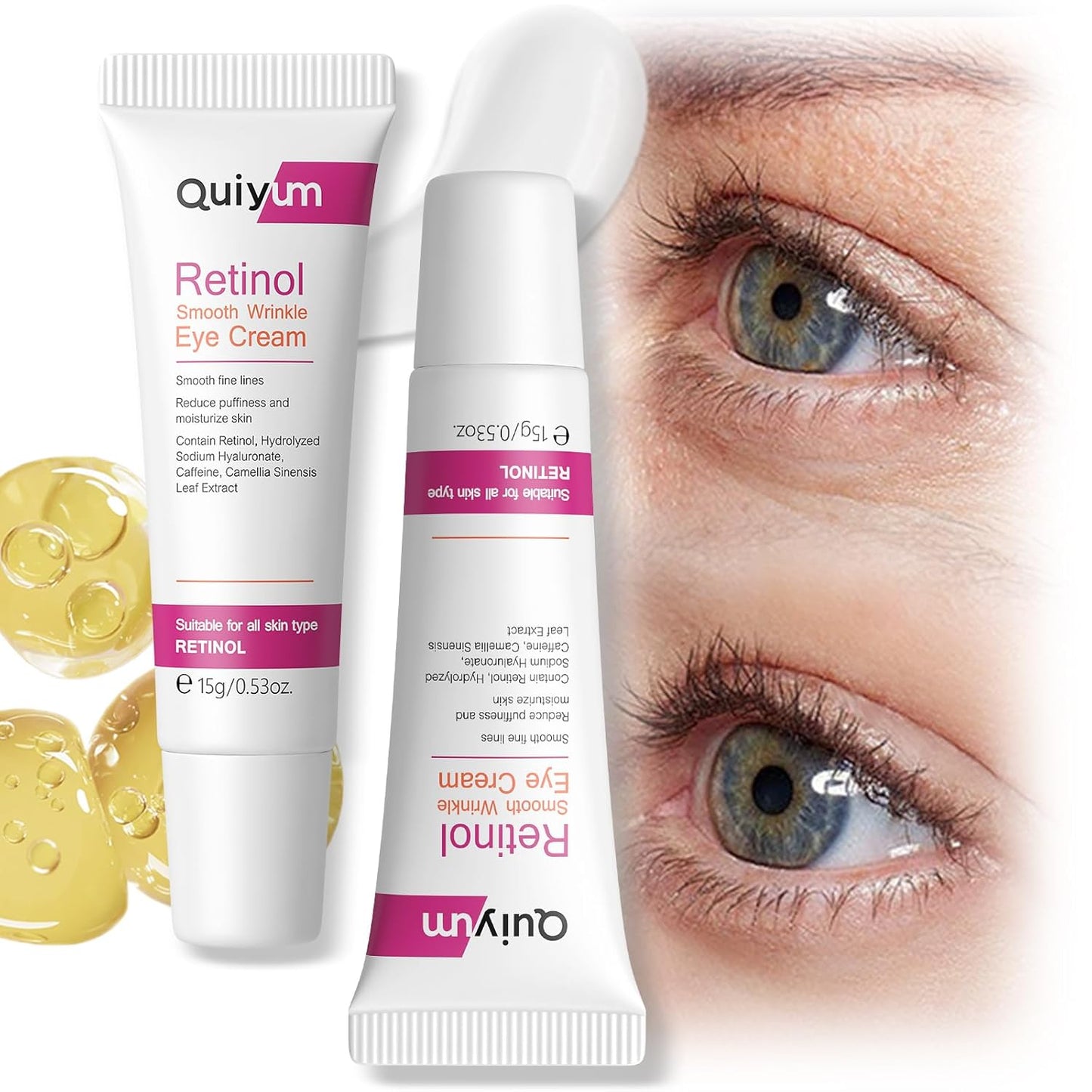 Retinol Eye Cream for Dark Circles Puffiness and Eye Bags, Anti Aging Under Eye Cream Treatment for Women Men, Fine Lines & Wrinkles Repair, Instant Results Firm Eye Tightener, 0.53oz, 2 Pack