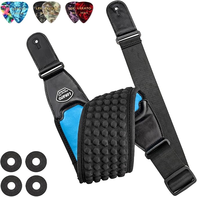 LEKATO Guitar Straps for Electric Guitar Bass, 3.5" Wide Padded Guitar Strap Neoprene Pad with 3D Sponge Filling Bass Guitar Straps Adjustable Length from 45" to 55" with Strap Locks, Picks, Blue