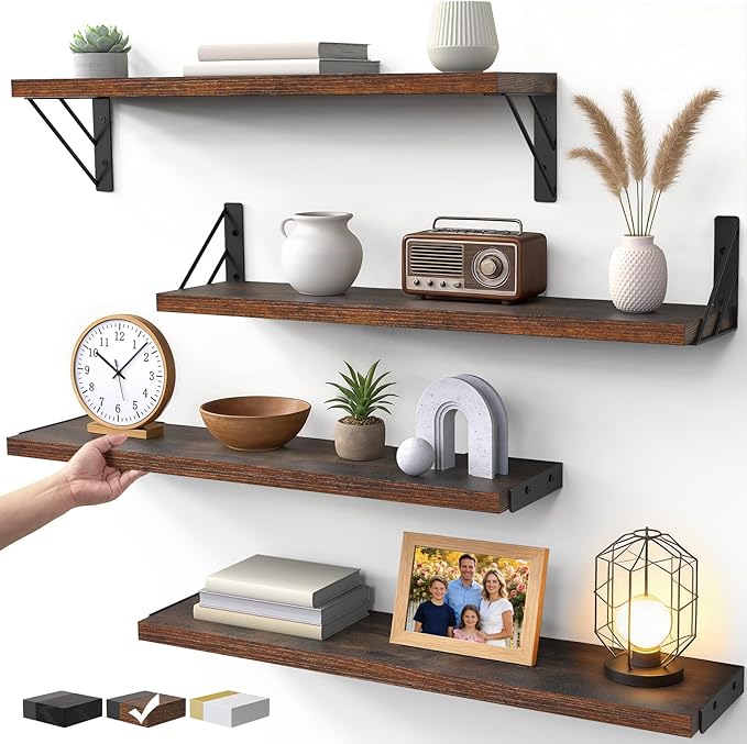 BAYKA Wall Shelves for Bedroom Decor, Floating Shelves for Wall, Display Mounted Rustic Wood Shelf for Books,Plants,Corner Shelves for Bathroom,Kitchen,Living Room(Rustic Brownï¼23inï¼Set of 4)