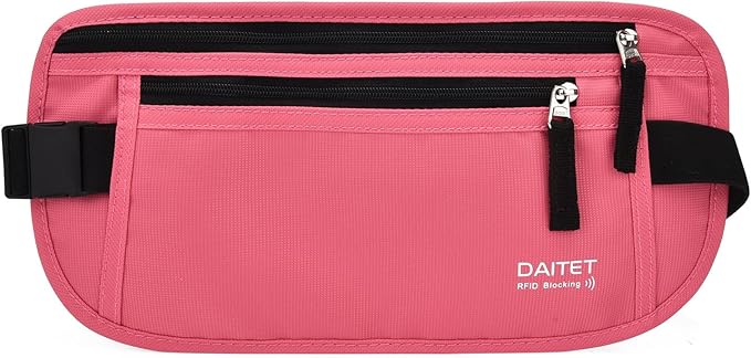 RFID Blocking Money Belt for Men Women, Slim Fanny Pack for Travelï¼Running,Conceal Waist Wallet for Passport Holder,Phone,Cash(Hot Pink)