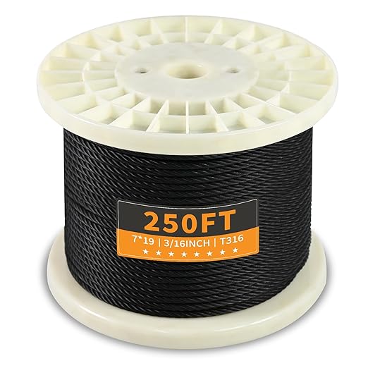T316 Black 3/16â Stainless Steel Cable, 250ft Wire Rope 7x19 Strands Aircraft Cable 3700lbs Breaking Strength, Wire Cable Rop for Deck Railing, String Lights, Fence, Clothesline &Yard Zipline