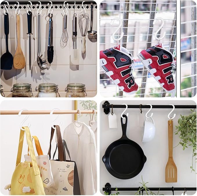 DINGEE 20 Pack Vinyl Coated S Hooks for Hanging,Heavy Duty S Hook for Hanging Plants,Non Slip 3 Inch Closet S Hooks,Steel Metal White Vinyl Coated Small Hook for Jeans Pots and Pans Coffee Cups