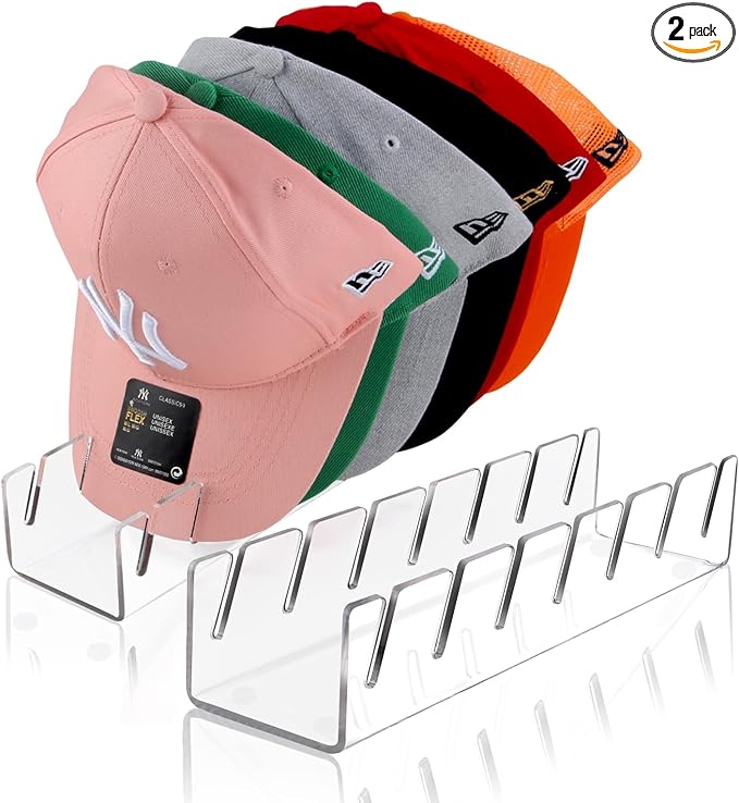 Hat Stand for Baseball Caps, 2 Pack No Install Acrylic Hat Organizer for 14 Baseball Caps Storage Organizer, Hat Racks Hat Holder Display and Organization for Closet, Bedroom, Dresser (Clear-2Pack)