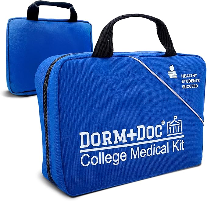 College First Aid Kit â Compact Emergency Medical Kit for Dorm Rooms, School, Sports â with Bandages, OTC Medicines for Relief, Gauze, Quick Care Set â Portable Health Kit - 175 PCS, Blue