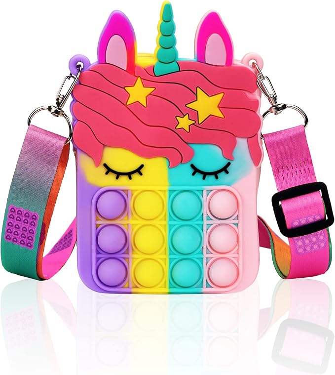 Civan Small Pop Purse,Unicorn Pop Purse for Girl Boy and Women Pop Bag with Unicorn Pop Toy,Shoulder Bag Fidget Toys Pop Fidget Backpack Toy for ADHD Anxiety School Backpack Silicone Bag Pop for Girls