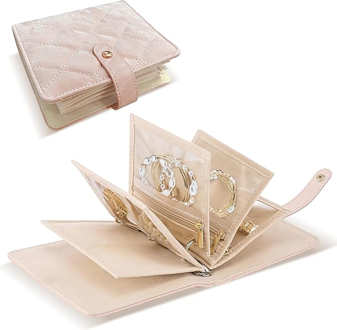 Velvet Travel Jewelry Organizer Book with Zipper Pouches â Anti-Tarnish, Scratch-Proof Jewelry Storage for Rings, Necklaces, Earrings, Bracelets â Portable Soft Case for Women (Pink)
