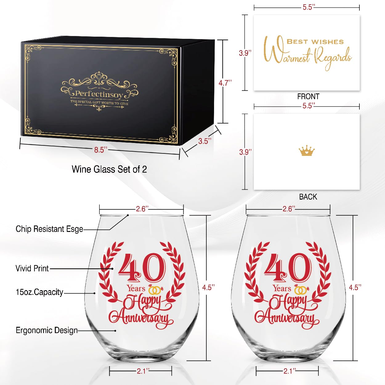 Perfectinsoy 40 Years Happy Anniversary Wine Glass Set of 2, 40th Anniversary Ruby Wedding Gifts for Mom, Dad, Wife, Soulmate, Couple, Funny Vintage Unique 40 Years Gifts, Wedding Present for Her Him