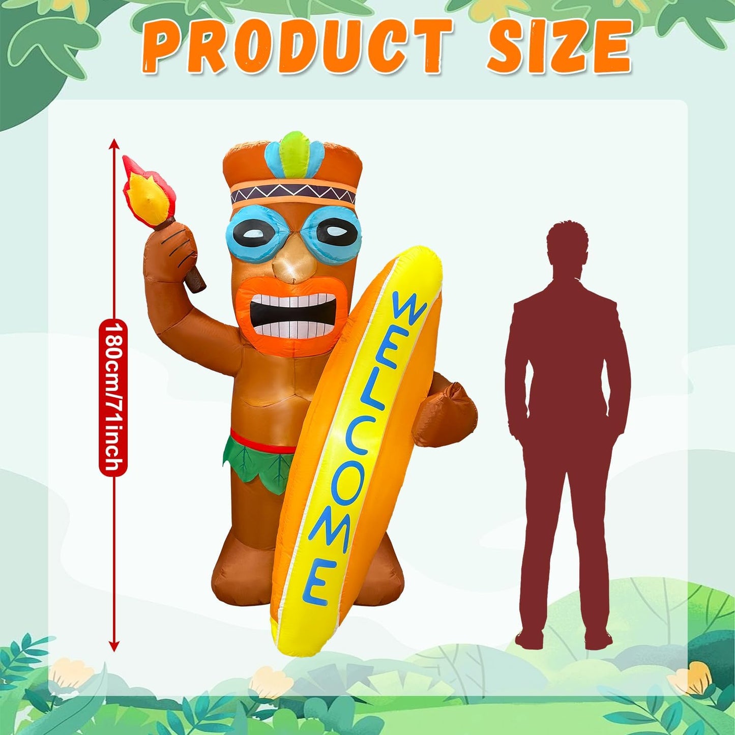 6FT Tiki Inflatable Party Decoration Flamingo Surfboard Luau Hawaiian LED Lighted Inflatables Outdoor Tiki Blow Up Summer Decor for Aloha Beach Tropical Pool Yard Party Supplies Favors
