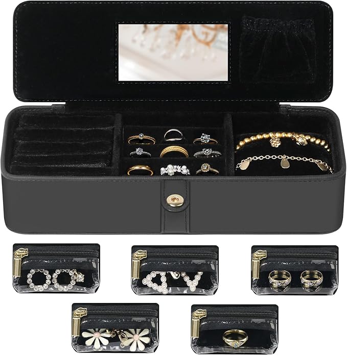 Travel Jewelry Organizer Box â Leather Jewelry Case Gift for Women and Girls â Jewelry Organizer and Storage with 5 Anti-Tarnish Velvet Pouches & Mirror â Portable for Trips and Daily Use