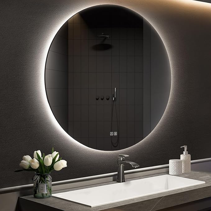APRILSOUL 32 Inch Round LED Backlit Bathroom Mirror, Vanity Mirror with Anti-Fog, Touch Button, 3 Colors and Dimmable Light