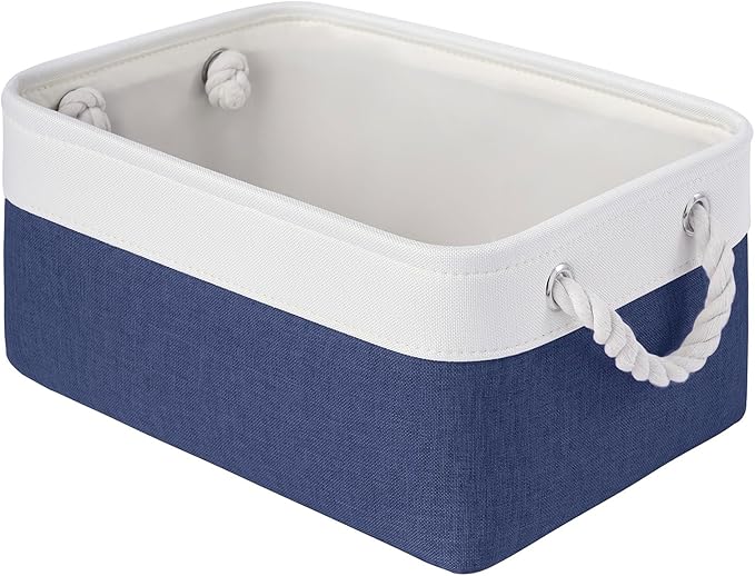 Storage Baskets for Shelves 13.8x9.8x6.7 Inch, Foldable Fabric Storage Bins with Handles, Small Storage Baskets for Organizing Closet, Office, Home Organization (1-Pack, White&Blue)