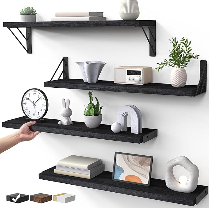 BAYKA Wall Mounted Floating Shelves, Wood Floating Wall Shelf for Books & Decor, Small Space-Saving Display & Organizerï¼Blackï¼23inï¼Set of 4ï¼