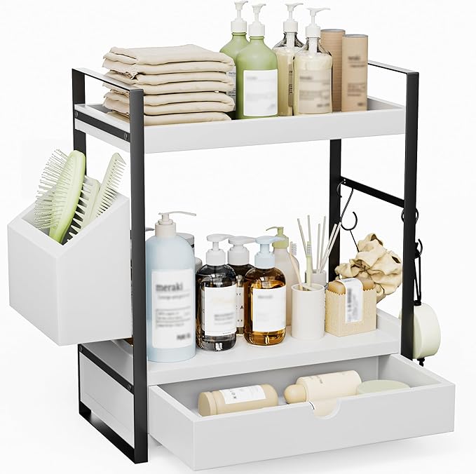 2-Tier Bathroom Counter Organizer with Drawer and Basket, Wood Countertop Organizer for Storage, Skincare Organizers for Vanity, Counter Shelf for Bathroom Organization,White