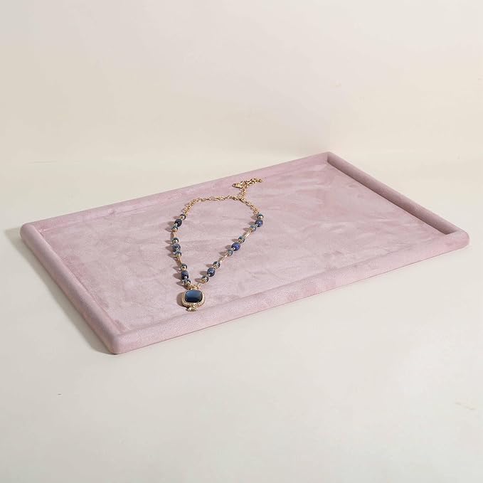 Rectangle Jewelry storage organizer plate, Velvet Jewerly display tray, Empty showcase tray for Necklace Bracelet Ring EarringãPink-Large, 17.7 x 11.8 in ã