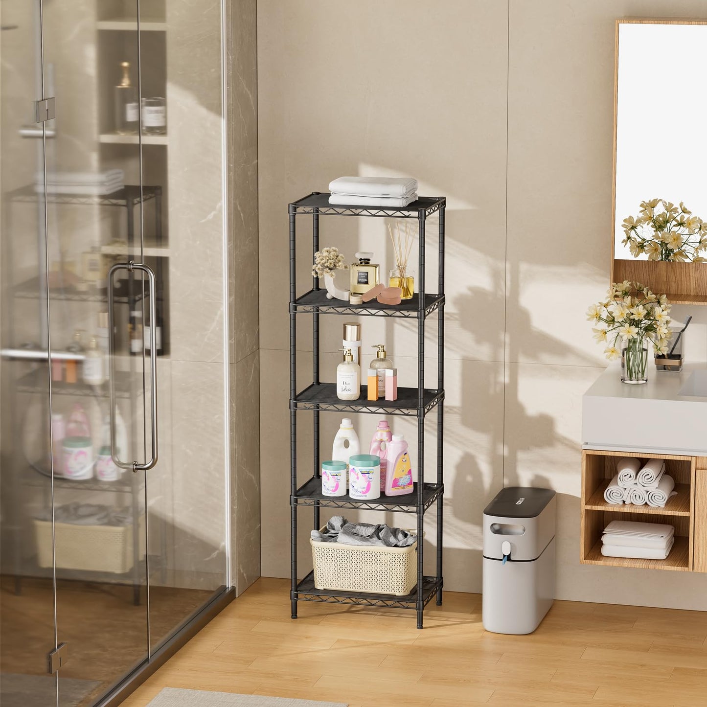 SINGAYE Metal Shelves Wire Shelving:Storage Rack Standing Units Shelf for Kitchen Laundry Bathroom Closet Organizers Pantry Narrow Mesh Adjustable 10" D x 16" W x 55" H Black