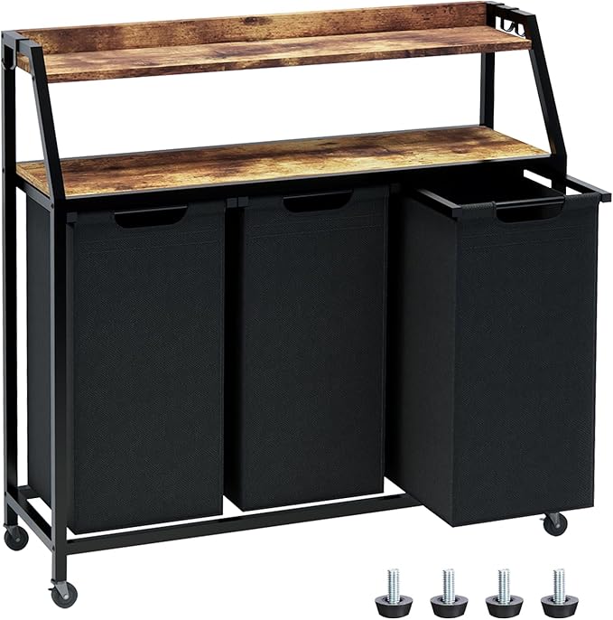 Laundry Hamper, Laundry Sorter 3 Section, Rolling Laundry Basket with Wheels, 2 Shelves, 3 Ã 14.5 Gal, Pull-Out and Removable Oxford Fabric Bags, for Laundry Room, Black and Rustic Brown