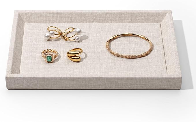 Jewelry Tray Organizer - PU Leather Valet Tray for Dresser & Nightstand, Small Beige Catchall Tray (9.05"x5.90") | Jewelry Display & Storage for Rings, Watches, Keys | Space-Saving Design