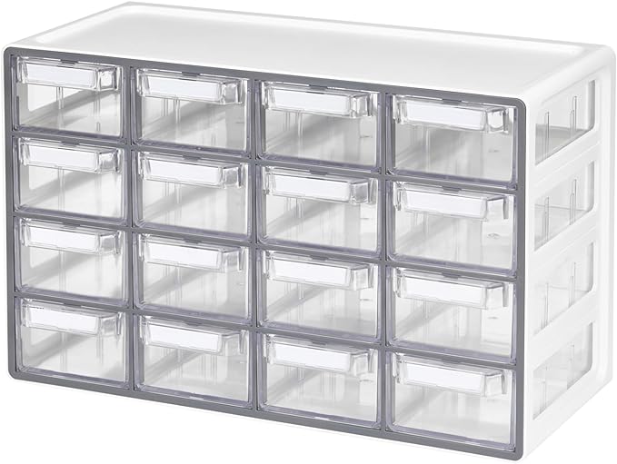 Blue Ginkgo Medium 16-Drawer Cabinet â Stackable Clear Organizer for Hardware, Beads, Plastic Bricks, Office, and Craft Storage (Made in Korea, Gray)
