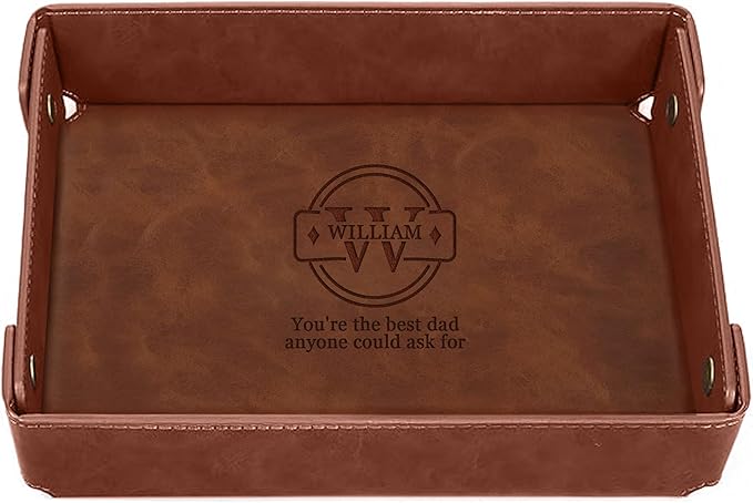 Engraved Fatherâs Day Leather Valet Tray â Personalized Light Coffee Catchall with Custom Name â Menâs Desk Organizer for Keys, Wallet, Watches, and Jewelry â Unique Gift from Daughter or Son