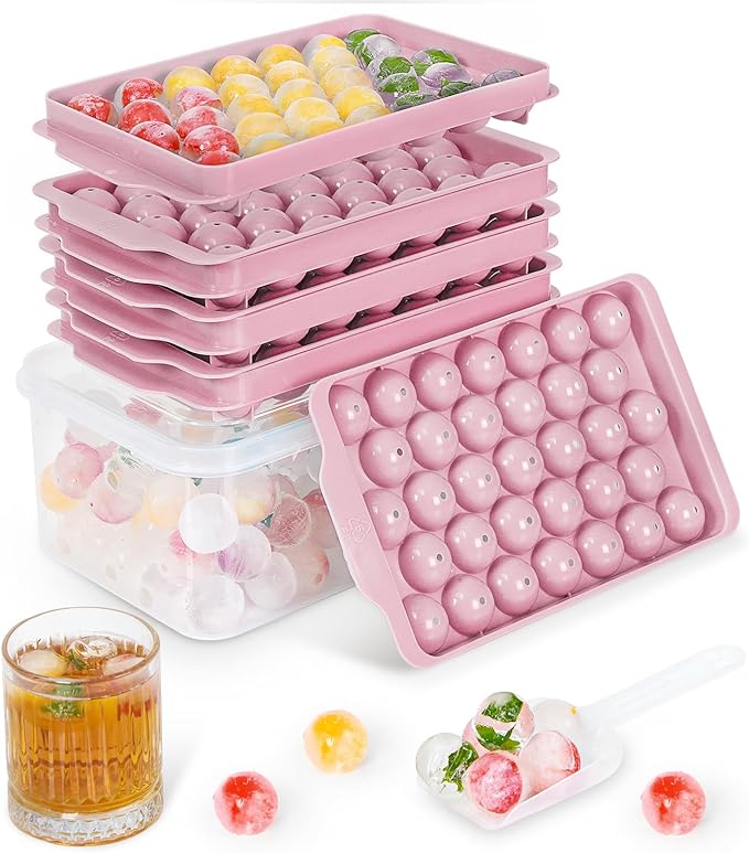 Ice Cube Tray with Lid and Bin, 3 Pack Ice Trays for Freezer, 99 Pcs Round Ice Cube Mold, Ices Maker Bucket with Scoop for Cocktail, Coffee, Rv Accessories, Easy to Release (1 inch, Pink)