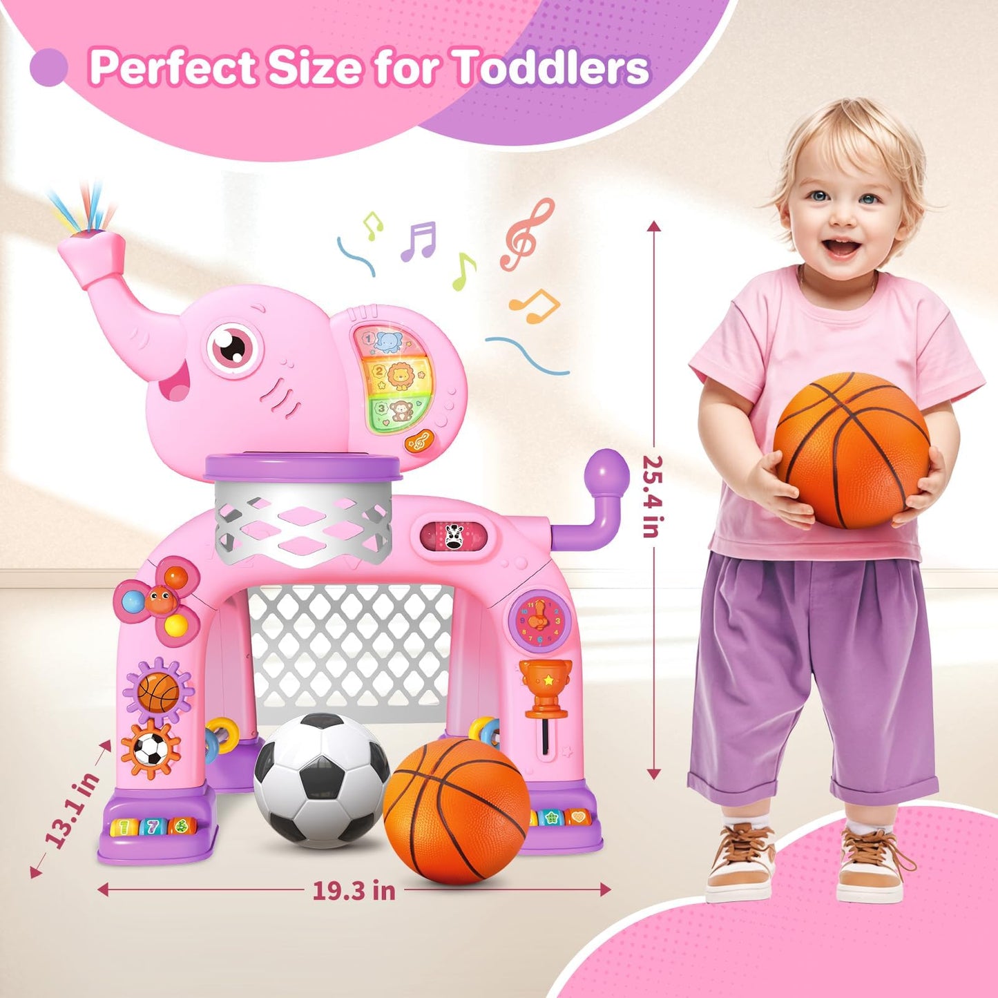 Shemira Toddler Basketball Hoop & Soccer Goal Activity Center Toys with Light & Music,Elephant Toddlers Musical Toys Gift, Baby & Toddlers Christmas Birthday Gift for 1 2 3 Year Old Boys & Girls