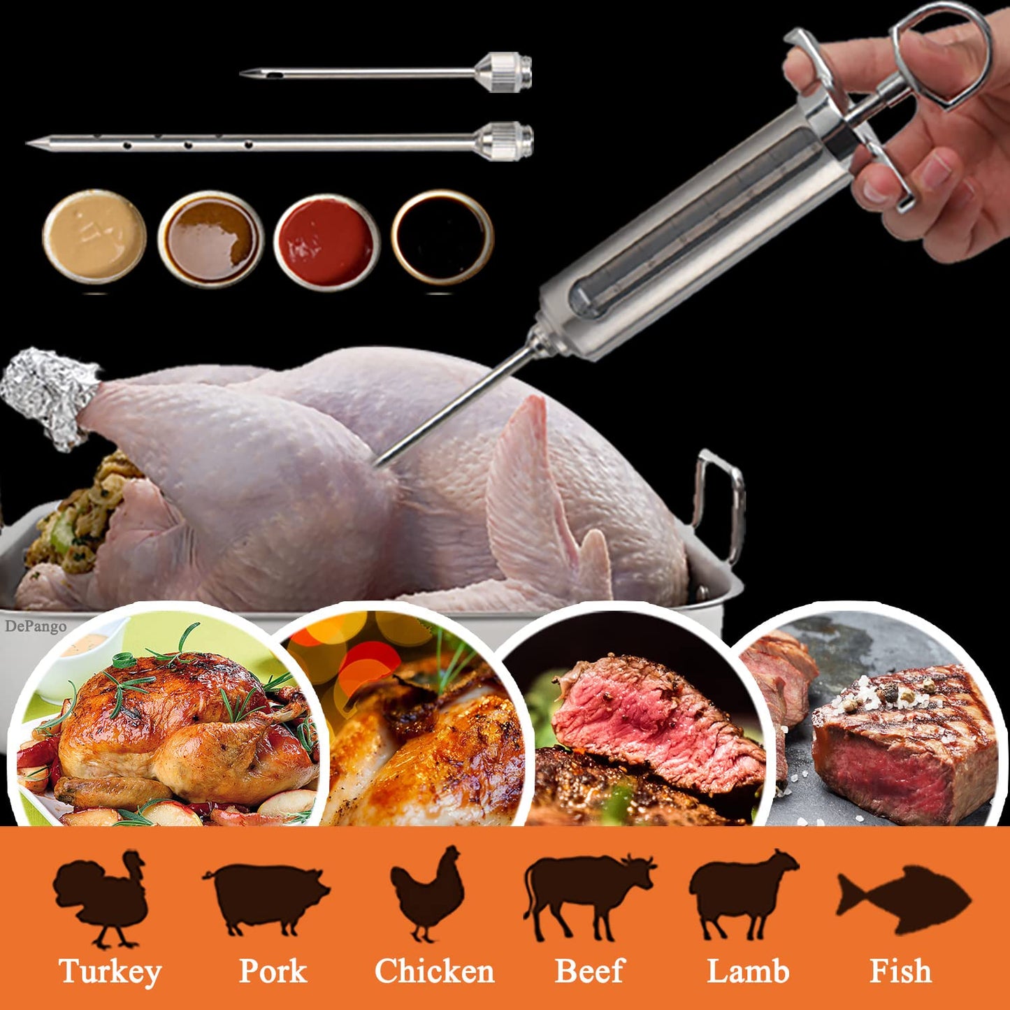 DePango Meat Injector, Stainless Steel Marinade Injector Flavor Syringe Kit with 2-oz Measurement Window for Smoker Food BBQ Grill, Cooking Turkey Chicken Steak Beef Brisket Pork-Chops, 3 Meat Needles