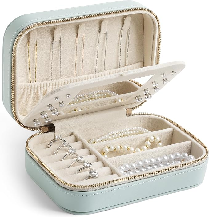 Genuine Leather Travel Jewelry Organizer Case with Mirror for Women, Small Mini Portable Jewelry Box for Ring Earrings Necklace Bracelet Luxury Gift for Womenï¼Cyanï¼