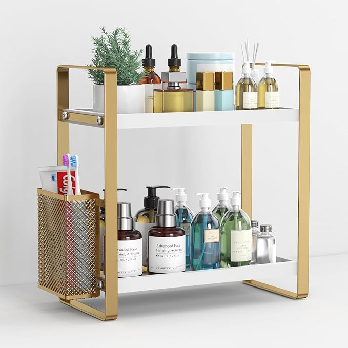 LEMIKKLE Bathroom Counter Organizer with Basket, Perfume,Makeup Organizers for Vanity,Storage Organizers for Bathroom, Kitchen, Dresserï¼Whiteï¼