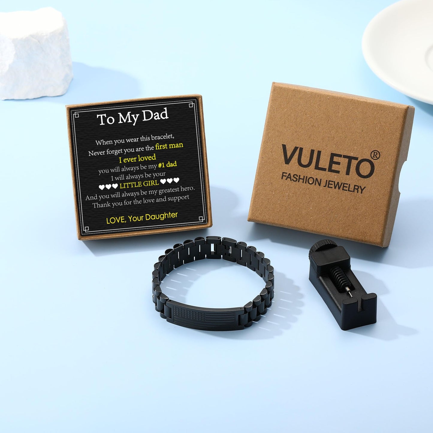 VULETO To My Dad Bracelet Gifts from Daughter, Fathers Day Stainless Steel American Flag Watch Link Bracelet Christmas Birthday Valentines Jewelry Gifts Ideas for Father Presents Best Ever Dad