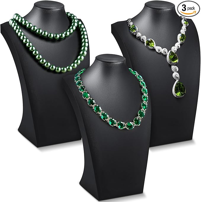 Kigley 3 Pcs Black PU Leather Jewelry Bust Display Stand Necklace Mannequin Holder for Jewelry Displays (13.4 x 8.1 Inch)
