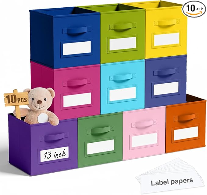 10 Pcs Fabric Storage Cubes with Labels 13 Inch Collapsible Cube Organizer Baskets with Window Cards for Shelf Nursery Clothes Book Toys Storage Bin(Candy)