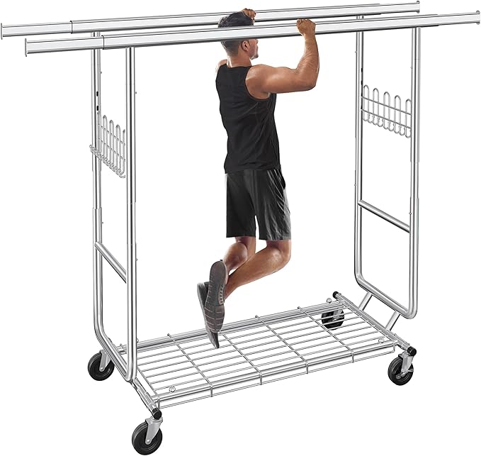 Heavy Duty Clothes Rack Load 620 Lbs, Double Rod Rolling Clothing Rack With Sturdy Wheel And Shelvesï¼Adjustable Portable Hanging Rack For Clothes,Silver Stainless Steel