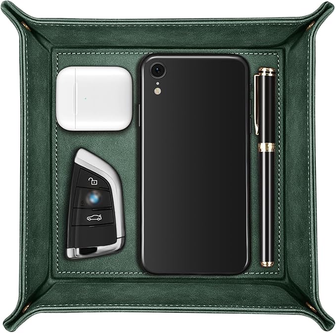 SITHON Valet Tray Desktop Storage Organizer â Premium PU Leather Catchall Bedside Vanity Tray Nightstand Caddy Holder for Remote Controller, Keys, Phone, Wallet, Coin, Jewelry, Dark Green